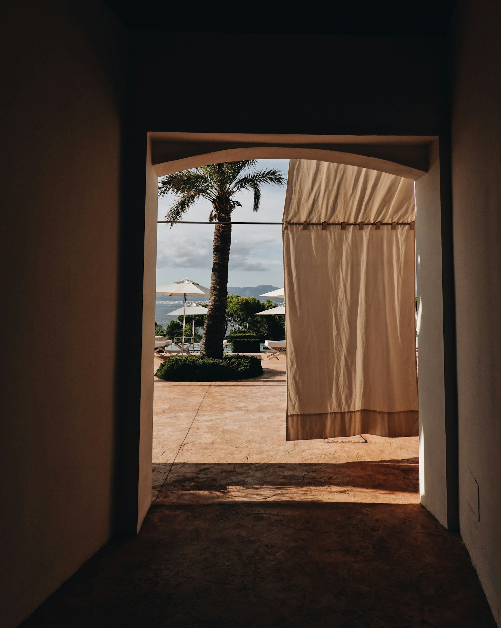 Une arche ouvre sur la terrasse, un palmier et la mer