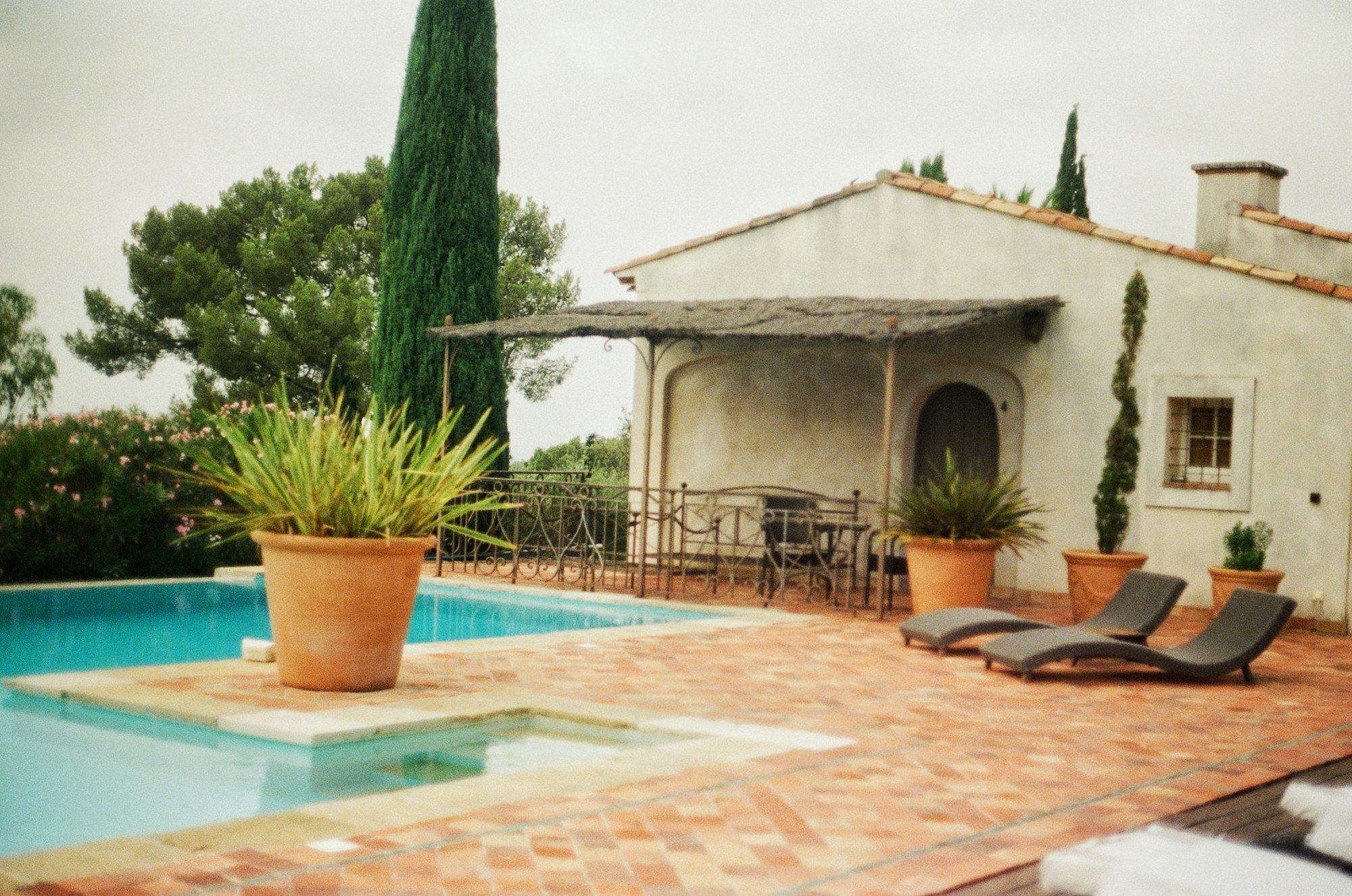 La villa et sa piscine, entre les oliviers et les pots en terre cuite